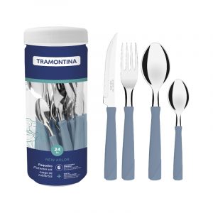 Juego de cubiertos Tramontina New Kolor con hojas de acero inoxidable y mangos de polipropileno azul, 24 piezas