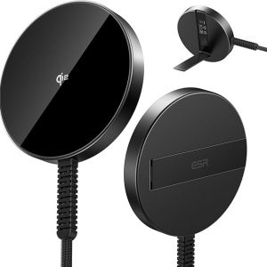 ESR Cargador Magsafe con soporte, cargador inalámbrico de 15 W, cargador Qi2 Magsafe para iPhone 15/14/13/12, AirPods 4/3/Pro/Pro 2, Galaxy S25, almohadilla de carga magnética fuerte con cable tipo C