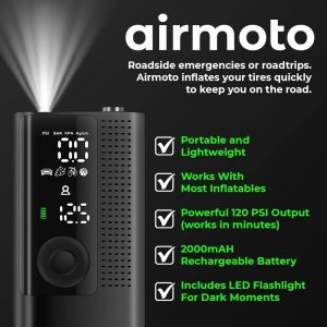 Airmoto Tire Inflator Portable Air Compressor - Air Pump For Car Tires with Digital Pressure Gauge, LED Light and Auto Shut-Off Function - Cordless Pump for Car, Motorcycle, Bicycle, Ball