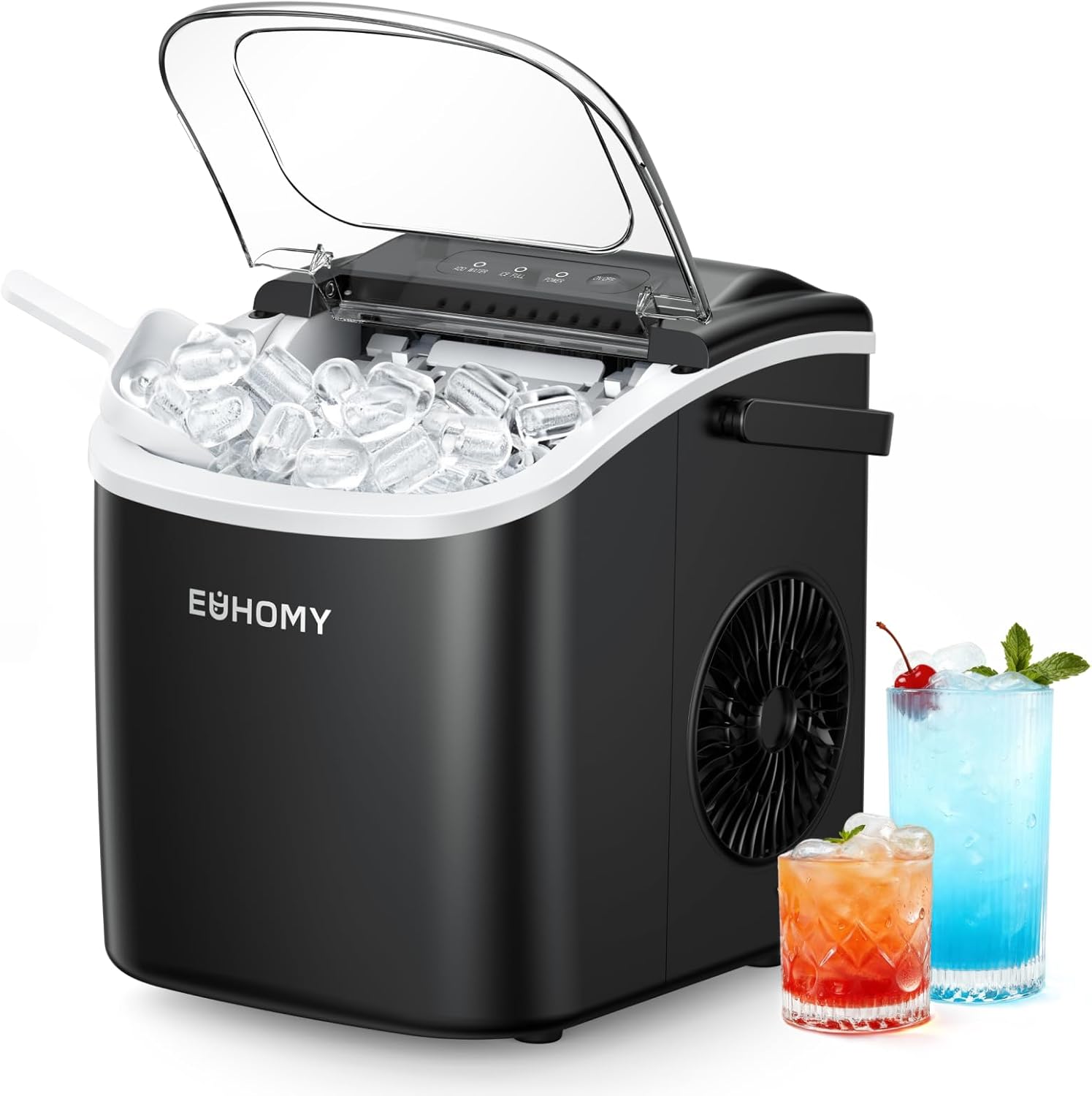 EUHOMY - Máquina de hacer hielo encimera con asa, portátil con cesta y cuchara, autolimpiante, produce 26 lb en 24 h, 9 cubos de hielo listos en 6 min, para el hogar, cocina, camping y casa rodante