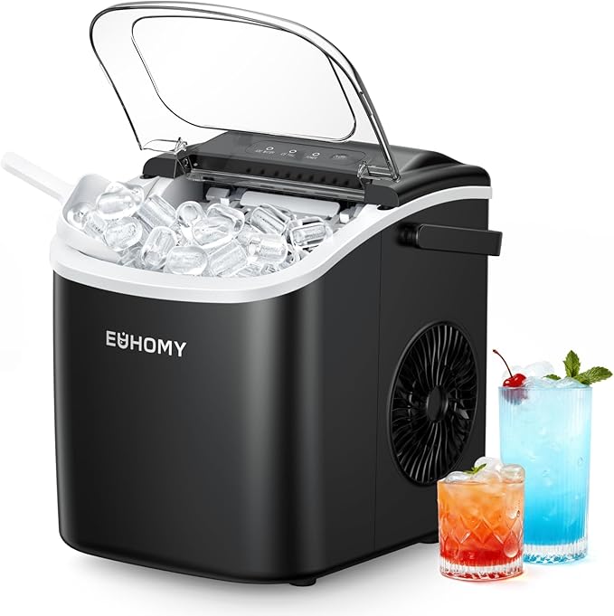 EUHOMY - Máquina de hacer hielo encimera con asa, portátil con cesta y cuchara, autolimpiante, produce 26 lb en 24 h, 9 cubos de hielo listos en 6 min, para el hogar, cocina, camping y casa rodante