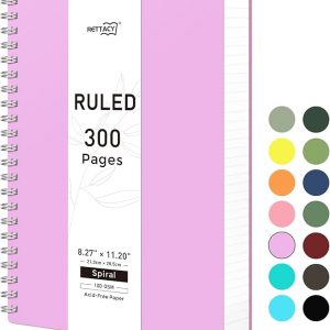 RETTACY Spiral College Ruled Notebook, 300 Pages, A4 Large Size (8.2" x 11.2"), for School, Work, Writing, Journaling, 100 GSM Thick Paper, Flexible Plastic Cover (Lilac)