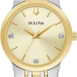 Bulova Reloj moderno de cuarzo de 3 manecillas de acero inoxidable de dos tonos para mujer, estilo de esfera dorada con acento de diamantes: 98P224