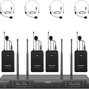 Phenyx Pro 4-Channel Wireless Microphone System, UHF Auto Scan Cordless Mic Set, 4 Bodypacks w/Headsets/Lapel Mics, 4x40 Frequencies, 328ft Coverage, Mic for Church, DJ, Meeting (PTU-7000-4B)