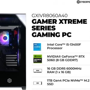 CyberPowerPC Gamer Xtreme VR Gaming PC, Intel Core i5-13400F 2.5GHz, GeForce RTX 5060 8GB, 16GB DDR5, 1TB PCIe 4.0 SSD, WiFi Ready y Windows 11 Home (GXiVR8060A40)