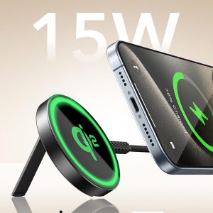 ESR Cargador Magsafe con soporte, cargador inalámbrico de 15 W, cargador Qi2 Magsafe para iPhone 15/14/13/12, AirPods 4/3/Pro/Pro 2, Galaxy S25, almohadilla de carga magnética fuerte con cable tipo C