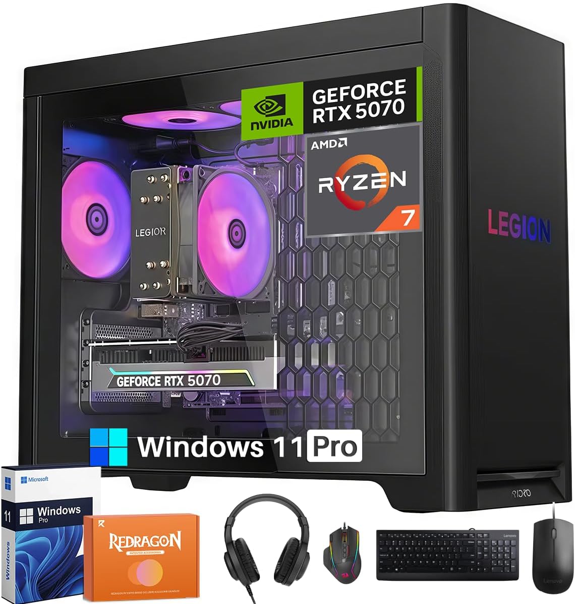 Lenovo Legion Tower 5 Gaming Desktop, AMD Ryzen 7 7800X3D NVIDIA GeForce RTX 5070 12GB GDDR7, 64GB DDR5 5600MT/s, 2TB SSD, 2TB HDD, Whisper-Quiet Legion Cooling, Windows 11 Pro, REDRAGON Accessories