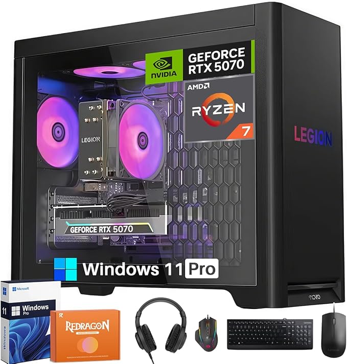 Lenovo Legion Tower 5 Gaming Desktop, AMD Ryzen 7 7800X3D NVIDIA GeForce RTX 5070 12GB GDDR7, 64GB DDR5 5600MT/s, 2TB SSD, 2TB HDD, Whisper-Quiet Legion Cooling, Windows 11 Pro, REDRAGON Accessories