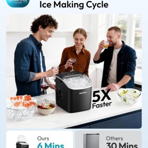 EUHOMY - Máquina de hacer hielo encimera con asa, portátil con cesta y cuchara, autolimpiante, produce 26 lb en 24 h, 9 cubos de hielo listos en 6 min, para el hogar, cocina, camping y casa rodante