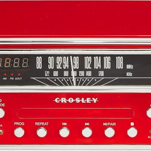 Crosley CR6047A-RE Powel - Reproductor de discos de vinilo Bluetooth 7 en 1 con radio AM/FM, reproductor de CD y entrada auxiliar, rojo