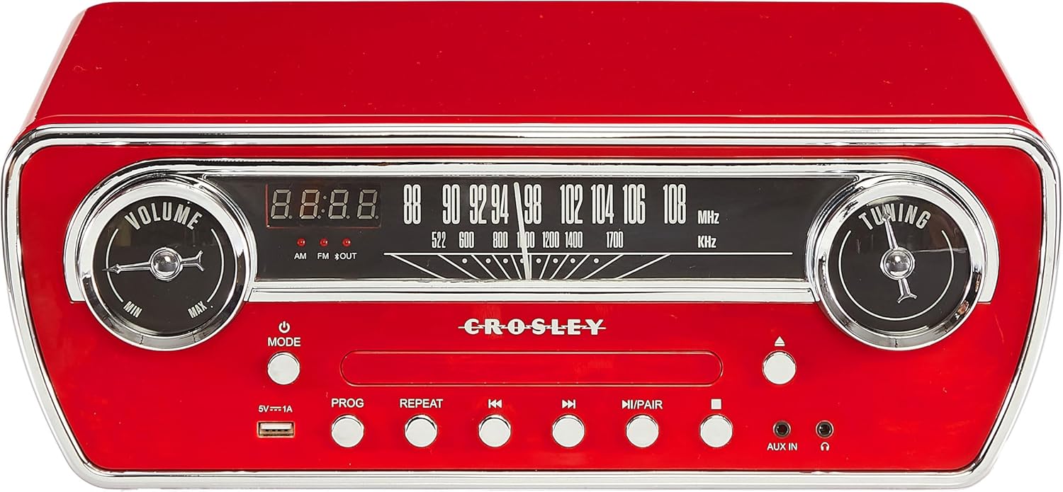 Crosley CR6047A-RE Powel - Reproductor de discos de vinilo Bluetooth 7 en 1 con radio AM/FM, reproductor de CD y entrada auxiliar, rojo
