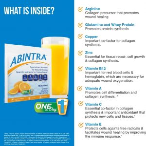 ABINTRA El suplemento nutricional especializado para la curación de heridas incluye L-arginina, L-glutamina, proteína de suero, vitaminas y minerales, sabor a naranja, fabricado en los Estados Unidos,