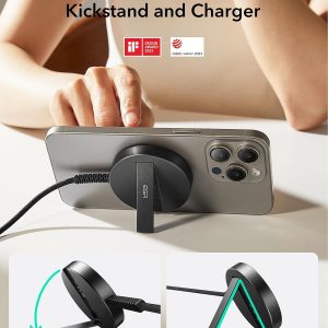 ESR Cargador Magsafe con soporte, cargador inalámbrico de 15 W, cargador Qi2 Magsafe para iPhone 15/14/13/12, AirPods 4/3/Pro/Pro 2, Galaxy S25, almohadilla de carga magnética fuerte con cable tipo C