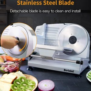 Meat Slicer, 200W Electric Food Slicer with 2 Removable 7.5" Stainless Steel Blades and Stainless Steel Tray, Child Lock Protection, Adjustable Thickness, Food Slicer Machine for Meat Cheese Bread