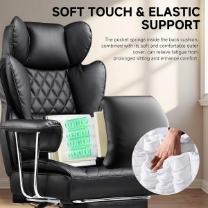 COMHOMA Silla de oficina grande y alta, silla de juegos de cuero con reposapiés, silla de oficina ergonómica ejecutiva con soporte lumbar de resorte de bolsillo y con reposabrazos suaves fijos hacia afuera