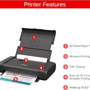 Canon PIXMA TR160 Impresora portátil inalámbrica, bandeja de papel de 50 hojas y pantalla de 1.44 pulgadas