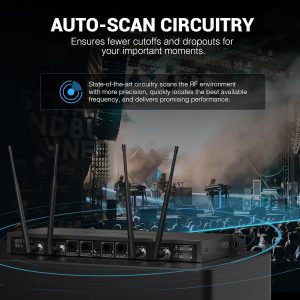 Phenyx Pro 4-Channel Wireless Microphone System, UHF Auto Scan Cordless Mic Set, 4 Bodypacks w/Headsets/Lapel Mics, 4x40 Frequencies, 328ft Coverage, Mic for Church, DJ, Meeting (PTU-7000-4B)