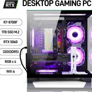 LXZ Prebuilt Gaming PC Ryzen 7 8700F, GeForce RTX 5060 (8GB), 32GB DDR5 RAM, 1TB NVMe 3.0 SSD – Desktop Computer, Tower PC for VR 4K Gamers & Creators