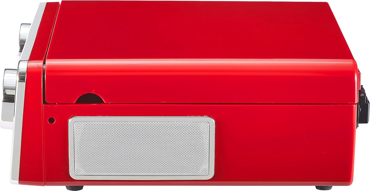 Crosley CR6047A-RE Powel - Reproductor de discos de vinilo Bluetooth 7 en 1 con radio AM/FM, reproductor de CD y entrada auxiliar, rojo