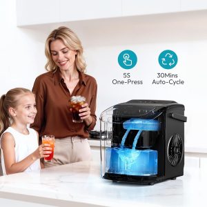 EUHOMY - Máquina de hacer hielo encimera con asa, portátil con cesta y cuchara, autolimpiante, produce 26 lb en 24 h, 9 cubos de hielo listos en 6 min, para el hogar, cocina, camping y casa rodante