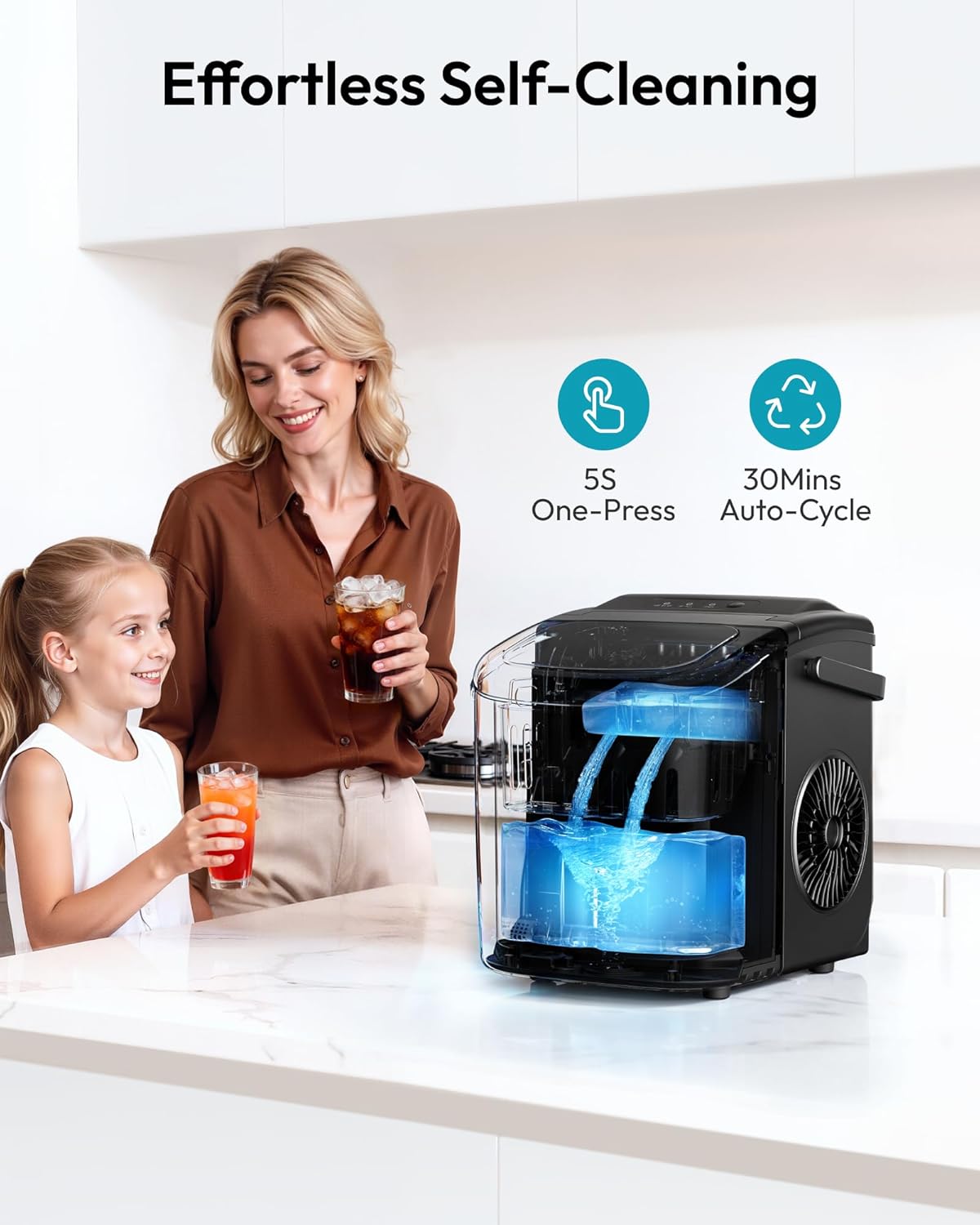 EUHOMY - Máquina de hacer hielo encimera con asa, portátil con cesta y cuchara, autolimpiante, produce 26 lb en 24 h, 9 cubos de hielo listos en 6 min, para el hogar, cocina, camping y casa rodante