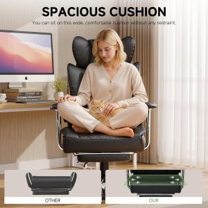COMHOMA Silla de oficina grande y alta, silla de juegos de cuero con reposapiés, silla de oficina ergonómica ejecutiva con soporte lumbar de resorte de bolsillo y con reposabrazos suaves fijos hacia afuera