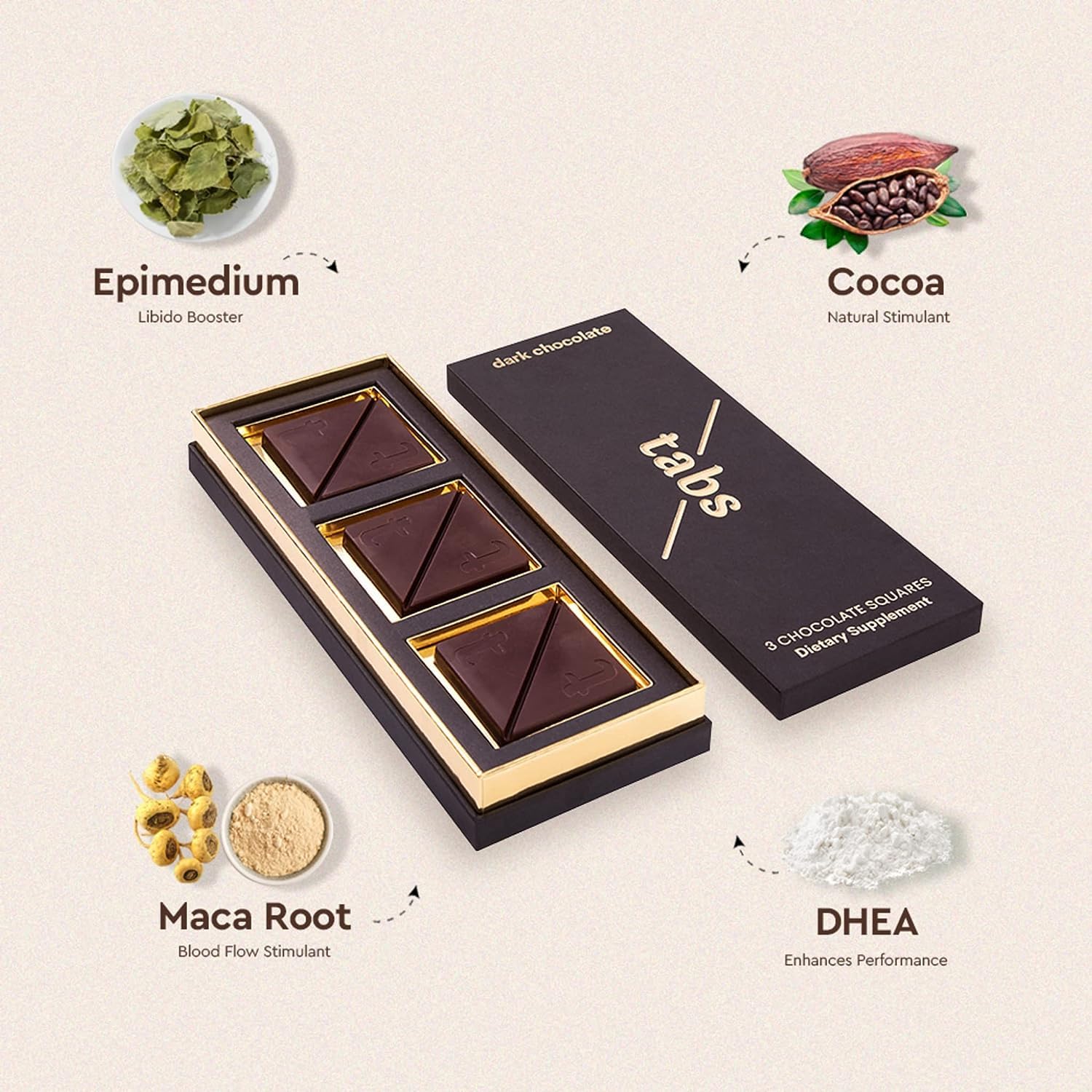 Tabs Chocolate Squares for Couples (1 Box) - Dark Chocolate Bar to Improve Mood - Vegetarian, Gluten-Free for Men & Women