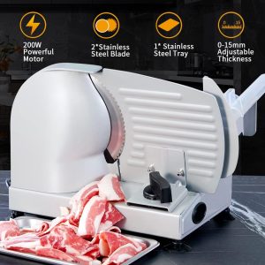 Meat Slicer, 200W Electric Food Slicer with 2 Removable 7.5" Stainless Steel Blades and Stainless Steel Tray, Child Lock Protection, Adjustable Thickness, Food Slicer Machine for Meat Cheese Bread