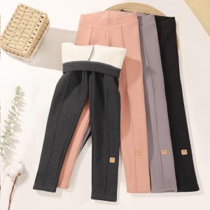 4 Pack Girls Fleece Lined Leggings Kids Winter Warm Pants Girls Thick Basic Solid Full Length Pants