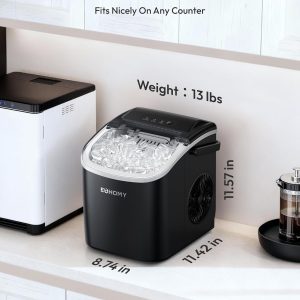 EUHOMY - Máquina de hacer hielo encimera con asa, portátil con cesta y cuchara, autolimpiante, produce 26 lb en 24 h, 9 cubos de hielo listos en 6 min, para el hogar, cocina, camping y casa rodante