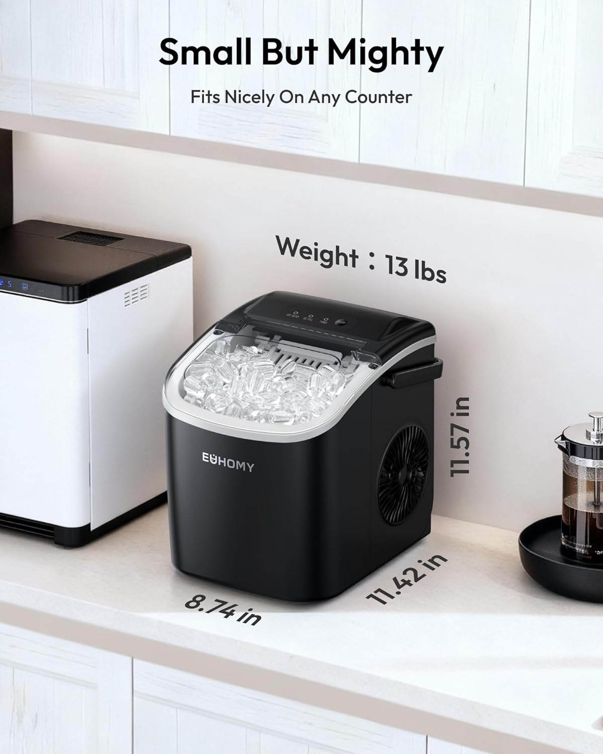 EUHOMY - Máquina de hacer hielo encimera con asa, portátil con cesta y cuchara, autolimpiante, produce 26 lb en 24 h, 9 cubos de hielo listos en 6 min, para el hogar, cocina, camping y casa rodante