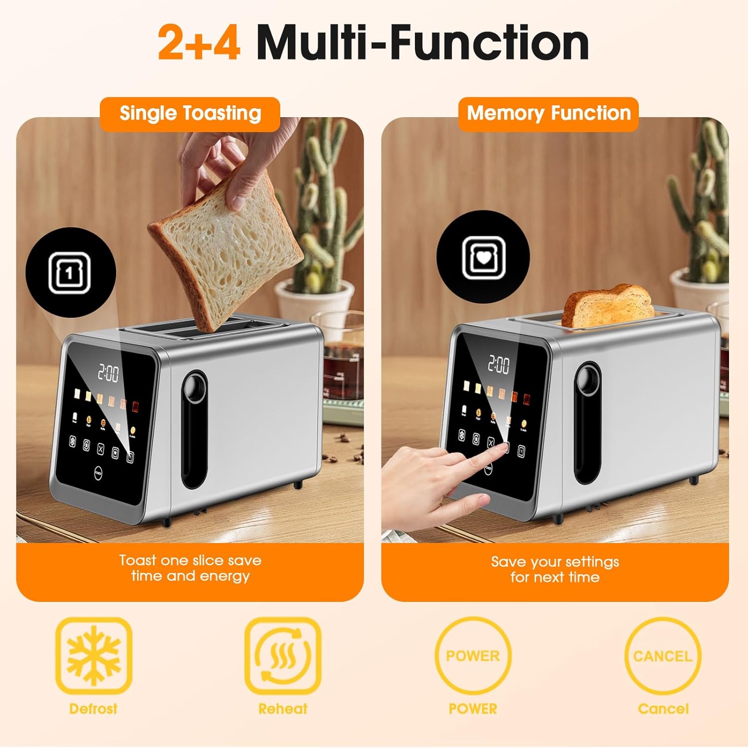Tostadora de 2 rebanadas con pantalla táctil digital inteligente y memoria de 1 toque, ranuras extra anchas de acero inoxidable de 1.5 pulgadas para bagels y pan artesanal | 900 W para un tostado
