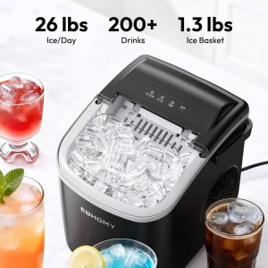 EUHOMY - Máquina de hacer hielo encimera con asa, portátil con cesta y cuchara, autolimpiante, produce 26 lb en 24 h, 9 cubos de hielo listos en 6 min, para el hogar, cocina, camping y casa rodante