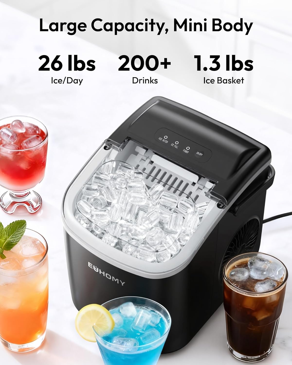 EUHOMY - Máquina de hacer hielo encimera con asa, portátil con cesta y cuchara, autolimpiante, produce 26 lb en 24 h, 9 cubos de hielo listos en 6 min, para el hogar, cocina, camping y casa rodante