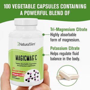 NaturalSlim MagicMag C Cápsulas de citrato de magnesio – Suplemento de magnesio con potasio natural | Apoyo para el sueño, la salud cardíaca y el alivio de los calambres musculares, sin gluten, 100 cápsulas (paquete de 3)