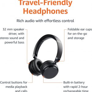 Amazon Basics Auriculares Bluetooth inalámbricos con micrófono, en la oreja, tiempo de reproducción de 35 horas, plegables, tamaño único, plegable, apto para viajes, color negro