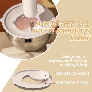 Juego de tazones para mezclar con tapas herméticas, 26 cuencos de acero inoxidable caqui con accesorios para rallador, fondo antideslizante y utensilios de cocina, tamaño 7, 4, 2.5, 2.0, 1.5, 1 cuarto de galón, ideal para mezclar y servir