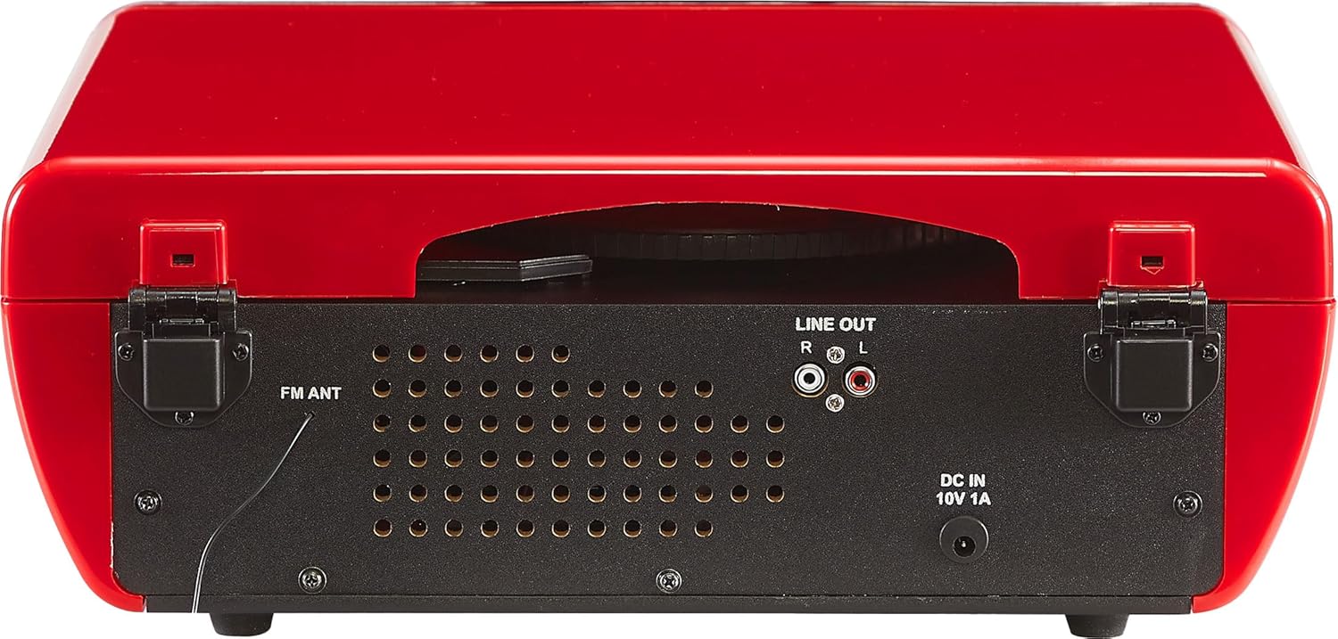 Crosley CR6047A-RE Powel - Reproductor de discos de vinilo Bluetooth 7 en 1 con radio AM/FM, reproductor de CD y entrada auxiliar, rojo