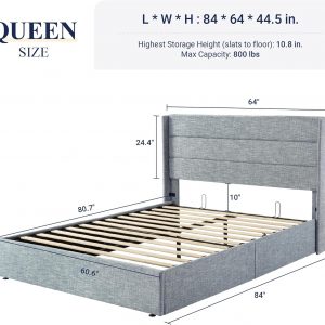 Allewie Queen Size Lift Up Storage Bed, Modern Wingback Headboard, Hydraulic Support, No Box Spring Needed, Grey Blue