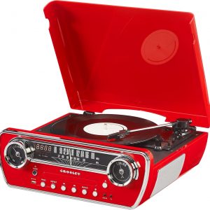 Crosley CR6047A-RE Powel - Reproductor de discos de vinilo Bluetooth 7 en 1 con radio AM/FM, reproductor de CD y entrada auxiliar, rojo