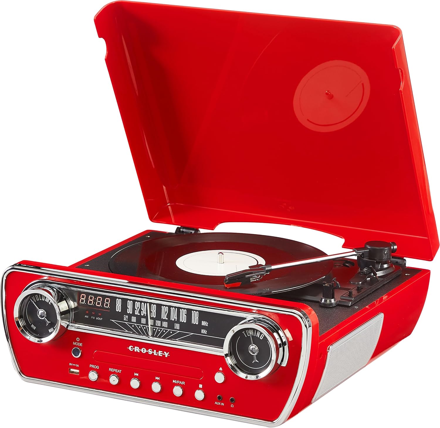 Crosley CR6047A-RE Powel - Reproductor de discos de vinilo Bluetooth 7 en 1 con radio AM/FM, reproductor de CD y entrada auxiliar, rojo