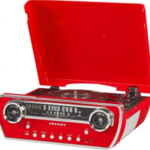 Crosley CR6047A-RE Powel - Reproductor de discos de vinilo Bluetooth 7 en 1 con radio AM/FM, reproductor de CD y entrada auxiliar, rojo