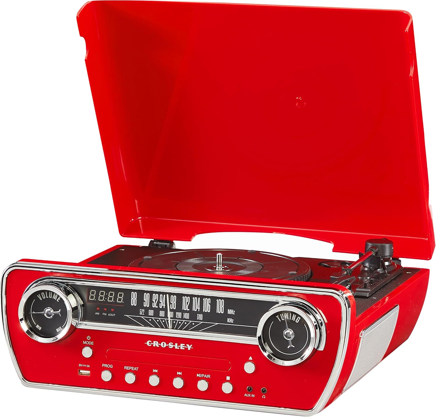Crosley CR6047A-RE Powel - Reproductor de discos de vinilo Bluetooth 7 en 1 con radio AM/FM, reproductor de CD y entrada auxiliar, rojo