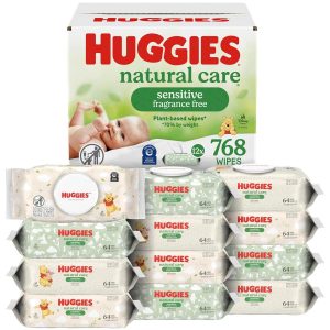 Huggies Natural Care Sensitive - Toallitas para bebé, sin perfume, hipoalergénicas, 99 % de agua purificada, 12 paquetes abatibles (768 toallitas en total)