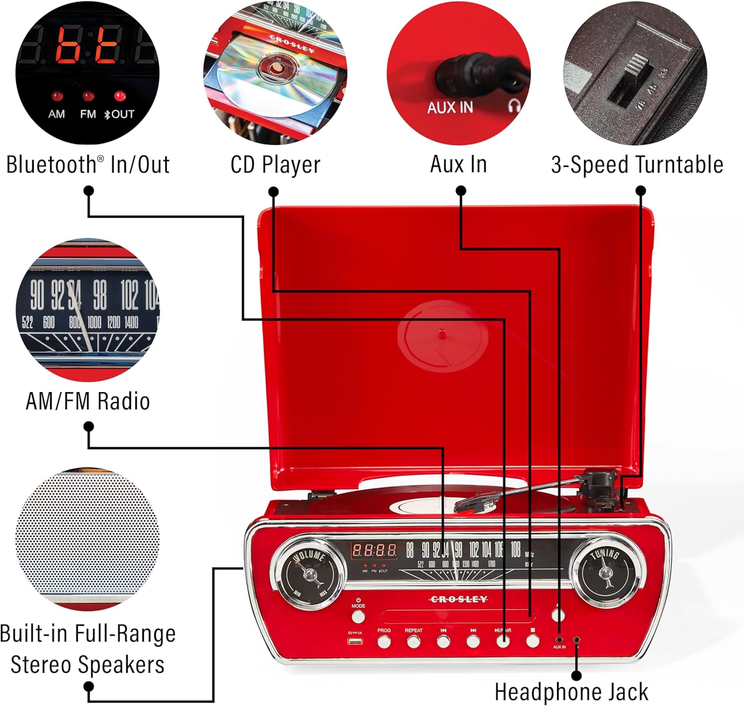 Crosley CR6047A-RE Powel - Reproductor de discos de vinilo Bluetooth 7 en 1 con radio AM/FM, reproductor de CD y entrada auxiliar, rojo