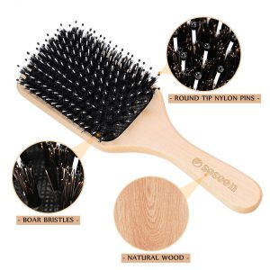 Hair Brush, 2 Pack Boar Bristle Paddle Hairbrush for Women Men Kids Reducing Frizzy, No More Tangle, Small Travel Brush Tail Comb & Giftbox Included