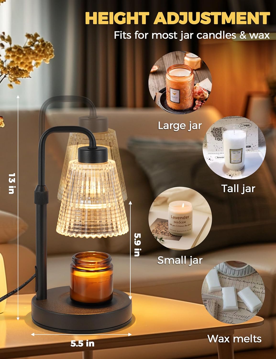 Lámpara calentadora de velas con temporizador regulable, altura ajustable, regalos de inauguración de la casa, decoración de habitación del hogar, regalos de cumpleaños para mujeres y mamá,