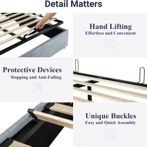 Allewie Queen Size Lift Up Storage Bed, Modern Wingback Headboard, Hydraulic Support, No Box Spring Needed, Grey Blue