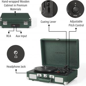 Crosley CR8005F-EM Cruiser Plus Vintage 3-Speed Bluetooth in/Out Suitcase Vinyl Record Player Turntable, Dark Emerald