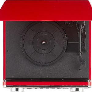 Crosley CR6047A-RE Powel - Reproductor de discos de vinilo Bluetooth 7 en 1 con radio AM/FM, reproductor de CD y entrada auxiliar, rojo
